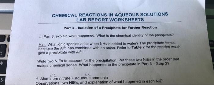 Solved CHEMICAL REACTIONS IN AQUEOUS SOLUTIONS LAB REPORT | Chegg.com
