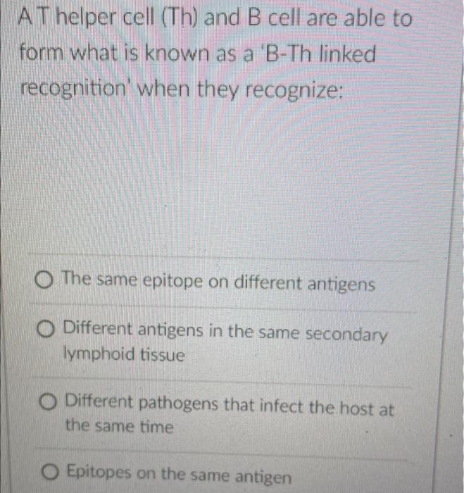 Solved A Thelper cell (Th) and B cell are able to form what | Chegg.com