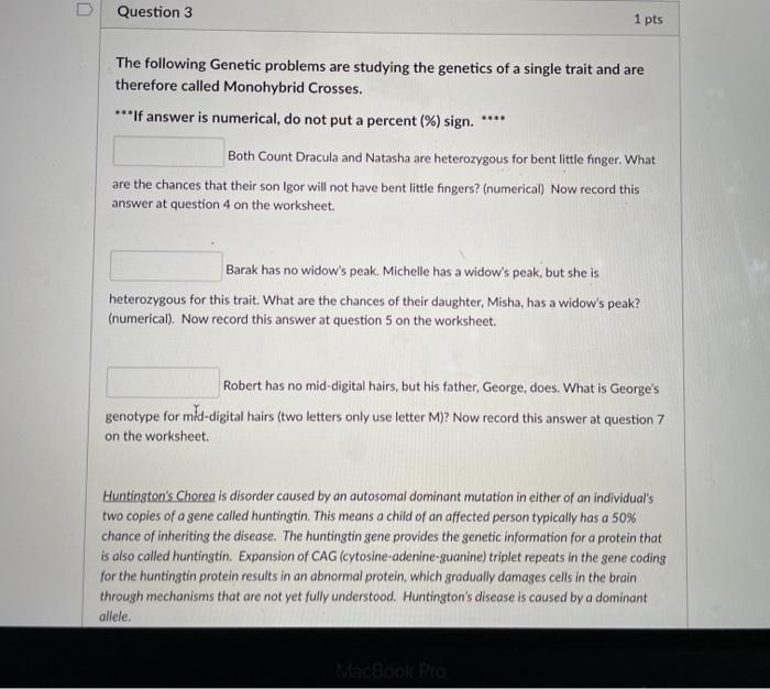Solved Question 3 1 pts The following Genetic problems are | Chegg.com