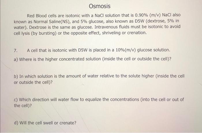 Solved Osmosis Red Blood cells are isotonic with a NaCl | Chegg.com