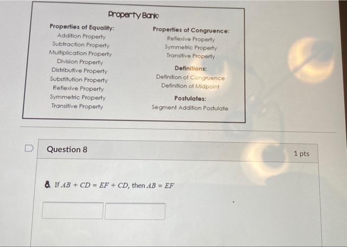 Solved Property Bank Properties Of Equality: Properties Of | Chegg.com