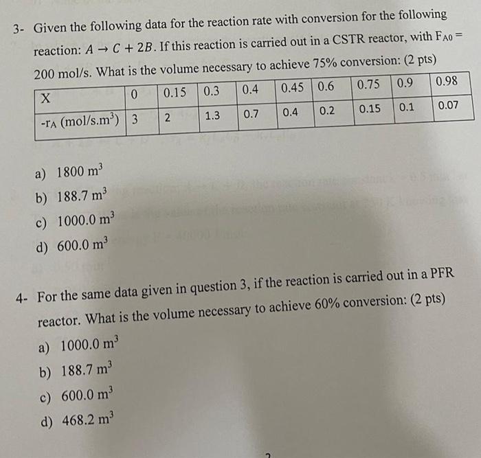 3- Given the following data for the reaction rate with conversion for the following reaction: \( A \rightarrow C+2 B \). If t