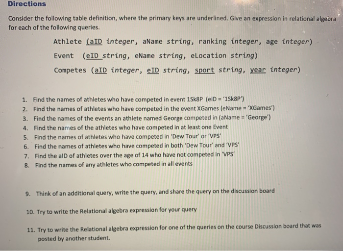 Solved Directions Consider the following table definition, | Chegg.com