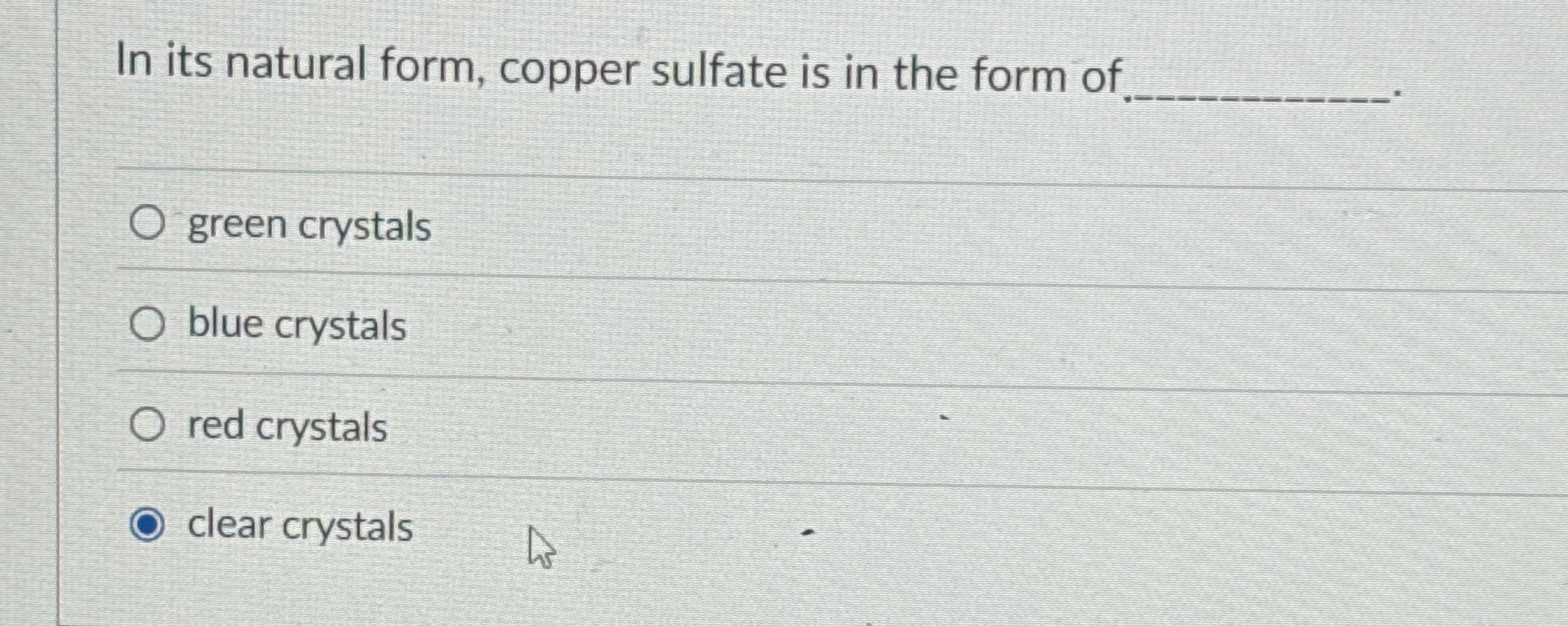 Solved In its natural form, copper sulfate is in the form
