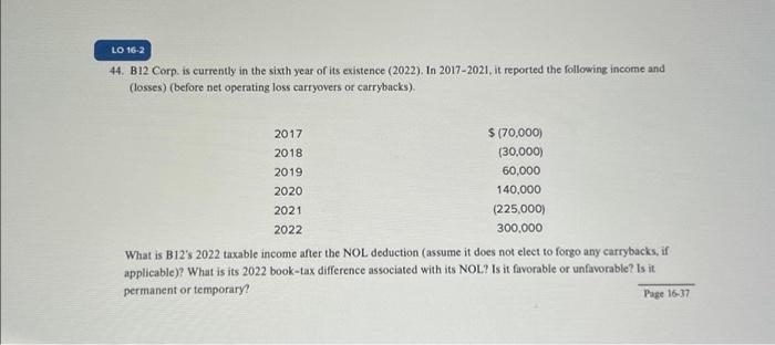 Solved LO 16-2 44. B12 Corp. Is Currently In The Sixth Year | Chegg.com