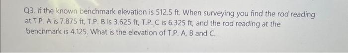 Solved Q3. If the known benchmark elevation is 512.5ft. When | Chegg.com