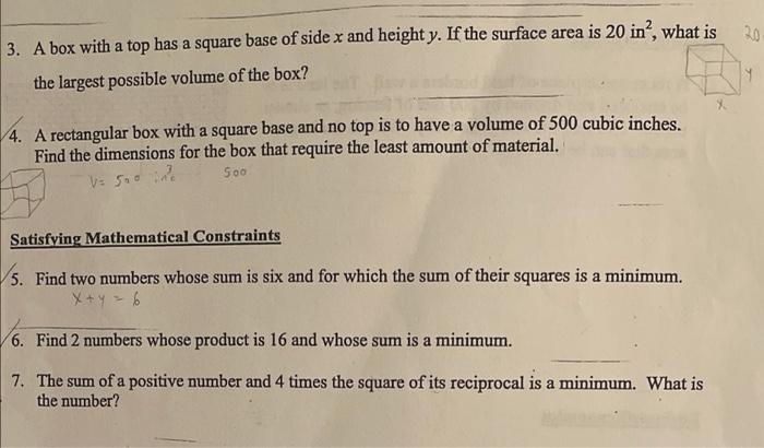 Solved 20 3. A box with a top has a square base of side x | Chegg.com