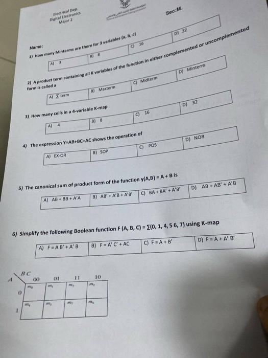 Solved 0 1 Name: 1) How many Minterms are there for 3 | Chegg.com
