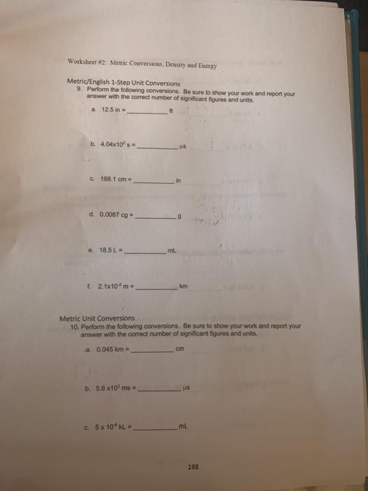 Solved Worksheet2 Metric Conversions, Density and Energy | Chegg.com