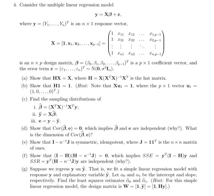 Solved 4. Consider the multiple linear regression model | Chegg.com