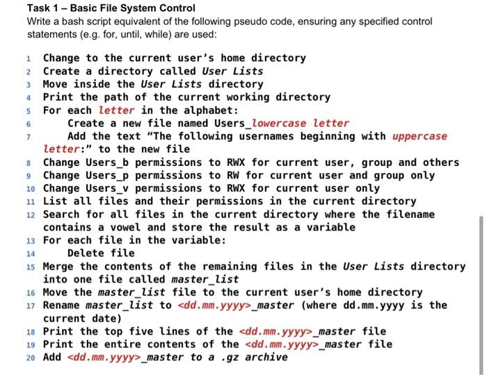Solved 7 8 Task 1 - Basic File System Control Write a bash | Chegg.com