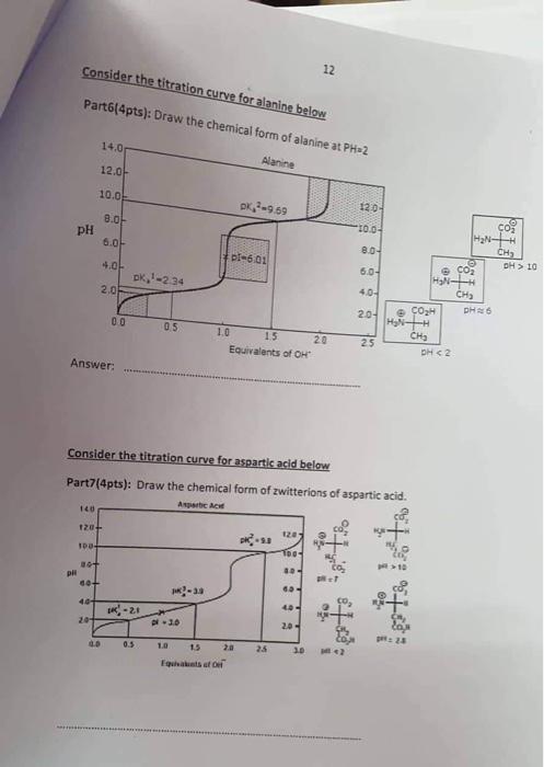 Consider the titration curve for alanine below
Part6(4pts): Draw the chemical fra.
Consider the titration curve for aspartic 