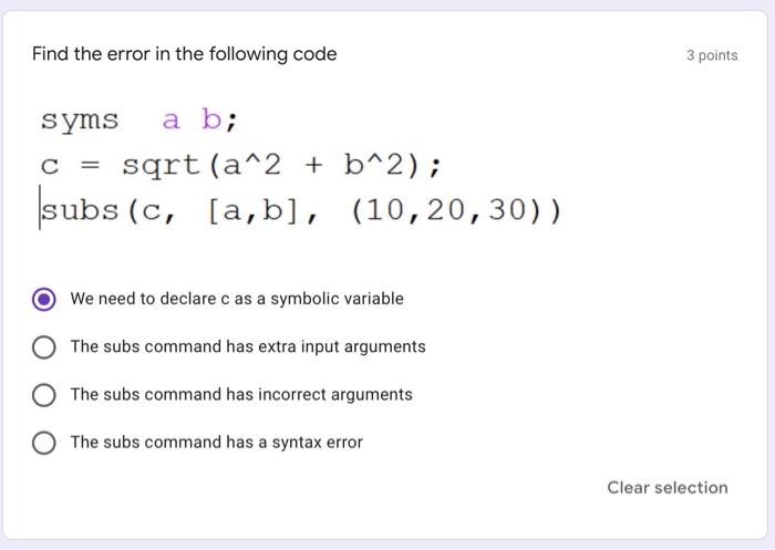 Solved Find the error in the following code 3 points C = | Chegg.com