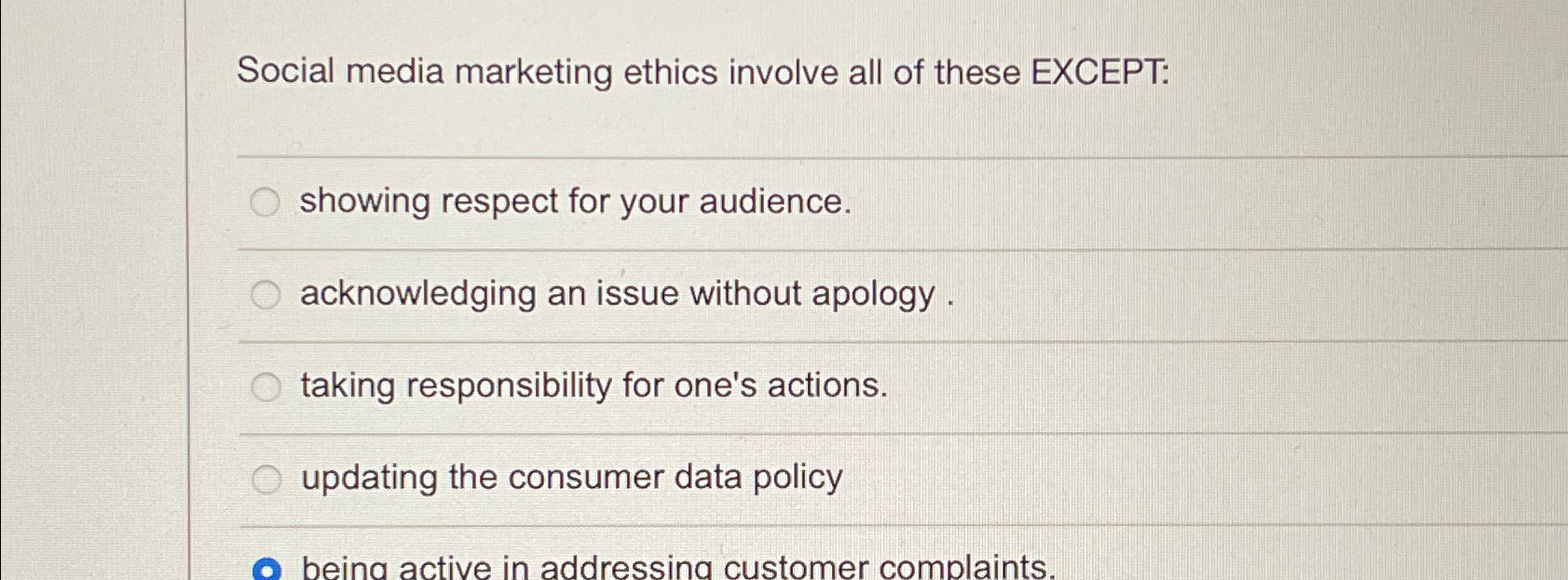 Solved Social media marketing ethics involve all of these | Chegg.com