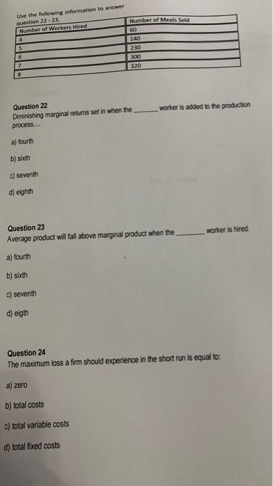 Solved Question 22 Diminishing marginal retums set in when | Chegg.com