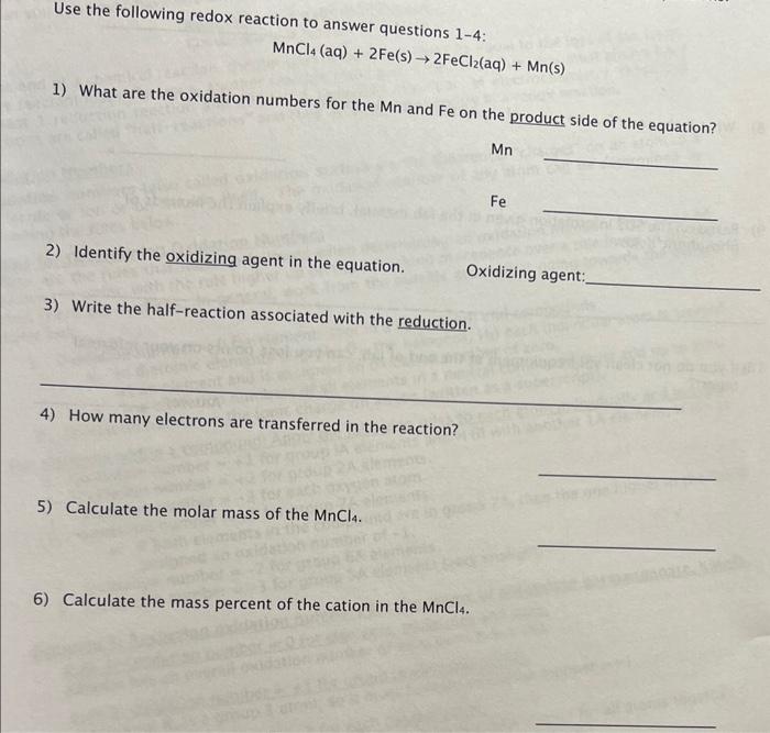 Solved Use the following redox reaction to answer questions | Chegg.com