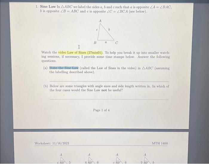 Solved 1. Sine Law In ABC we label the sides a,b and c such | Chegg.com