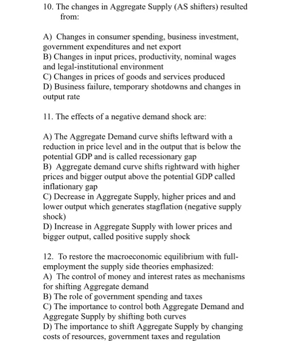 Solved 10. The changes in Aggregate Supply (AS shifters)