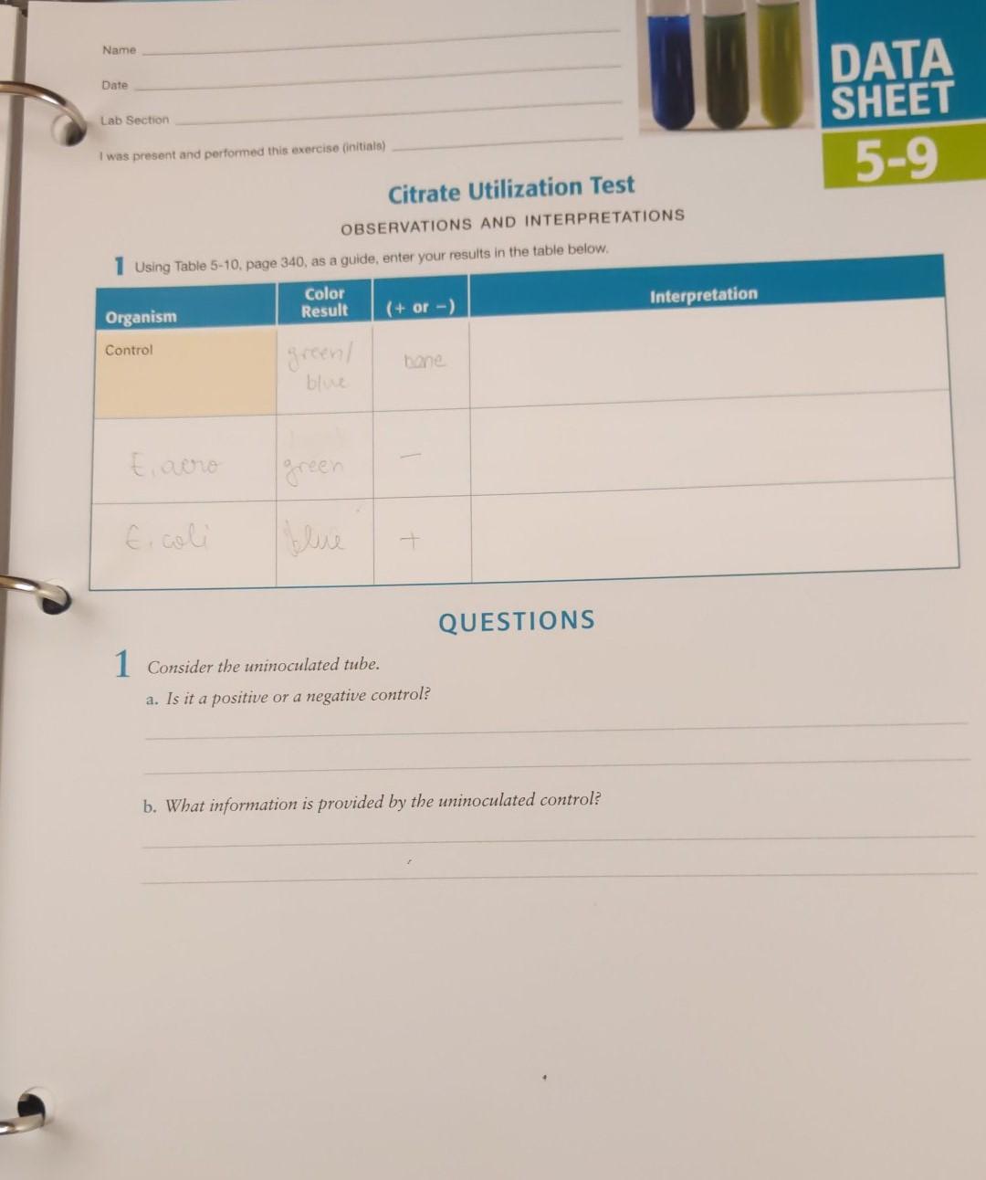 Solved Name Date Lab Section DATA SHEET 5-9 I was present | Chegg.com