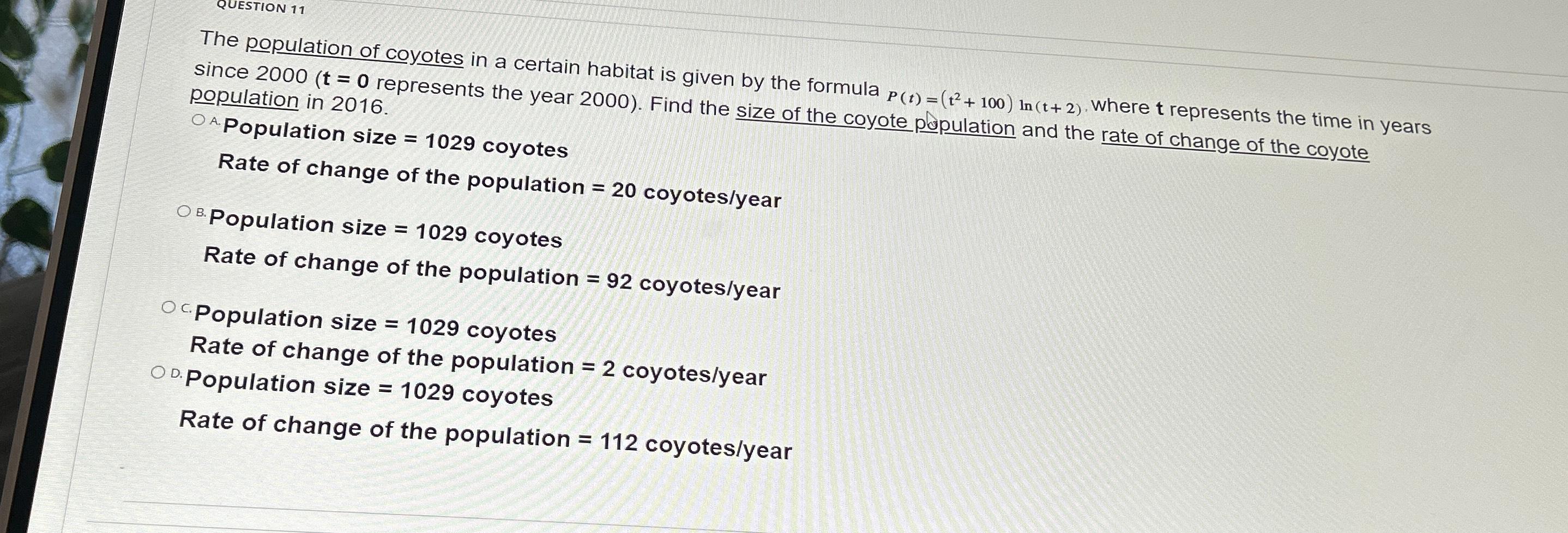Solved The population of coyotes in a certain habitat is | Chegg.com