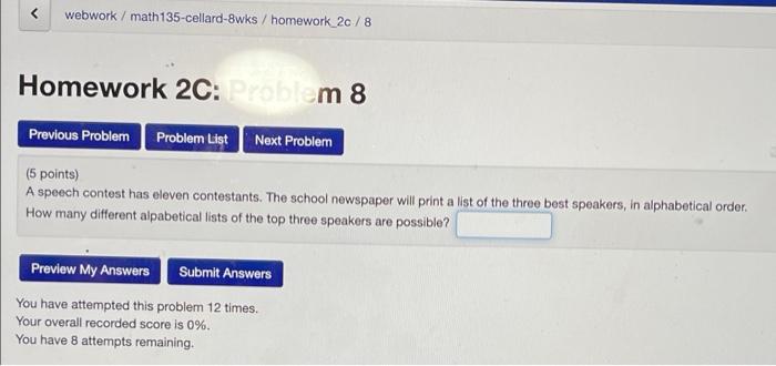 Solved webwork/math135-cellard-8wks / homework_2c/8 Homework | Chegg.com