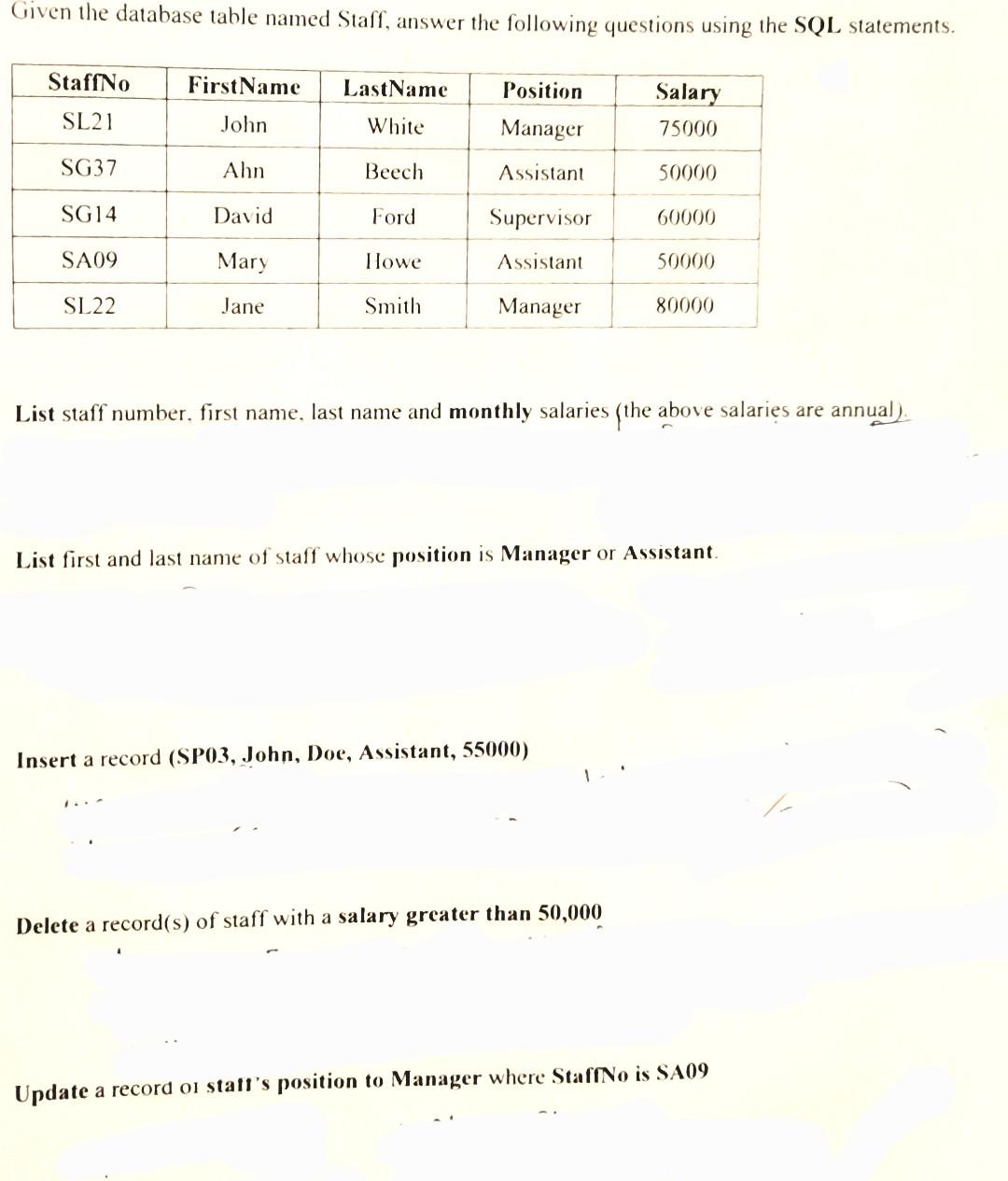 Solved Given the database table named Staff, answer the | Chegg.com