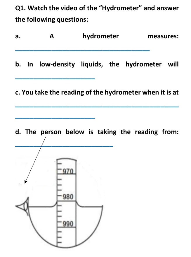 Solved Q1. Watch the video of the “Hydrometer” and answer | Chegg.com ...