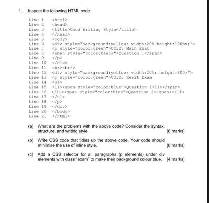 Solved 1. Inspect the following HTML code. Line 1 Line 2 | Chegg.com