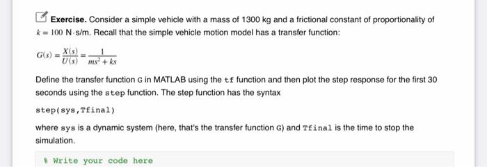 Solved Exercise. Consider a simple vehicle with a mass of | Chegg.com