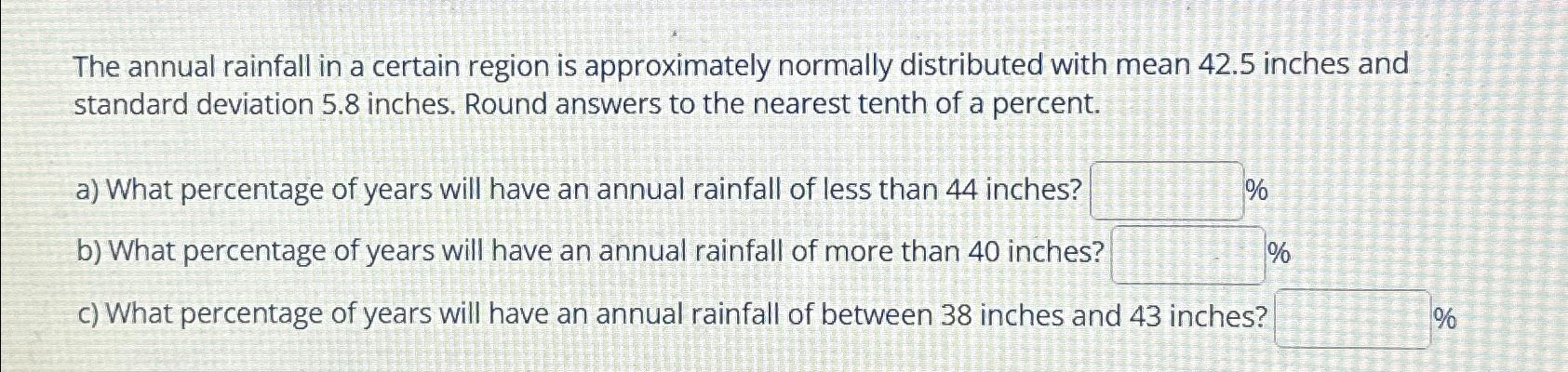 Solved The annual rainfall in a certain region is | Chegg.com