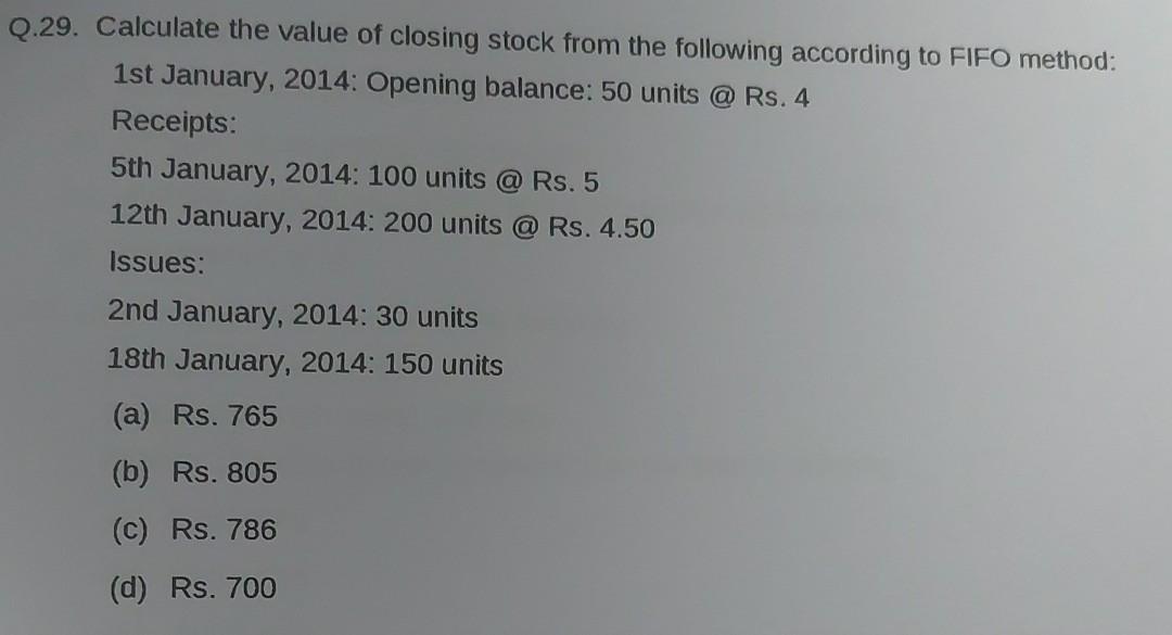 Solved Q.29. Calculate the value of closing stock from the | Chegg.com