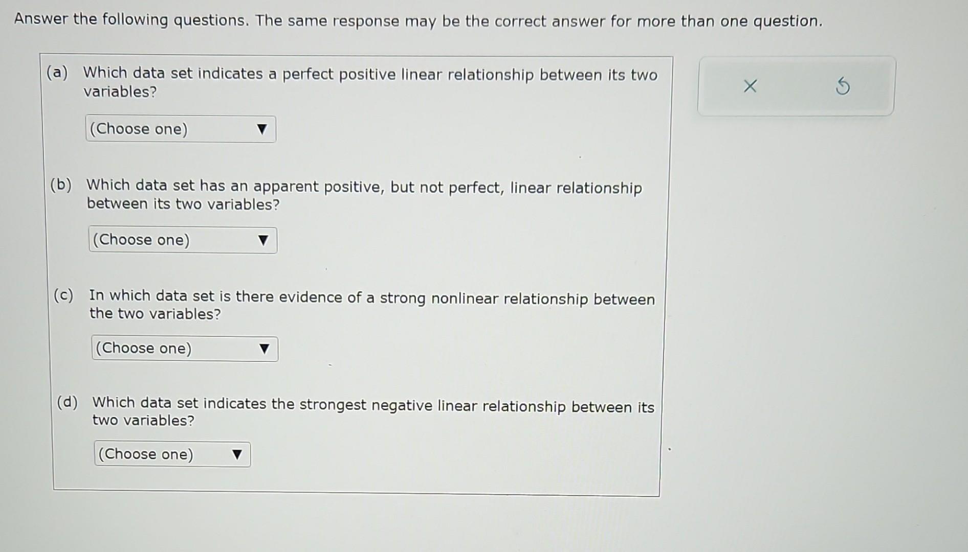 Solved Below are four bivariate data sets and their scatter | Chegg.com