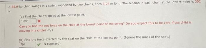 Solved A 35.0−kg child swings in a swing supported by two | Chegg.com