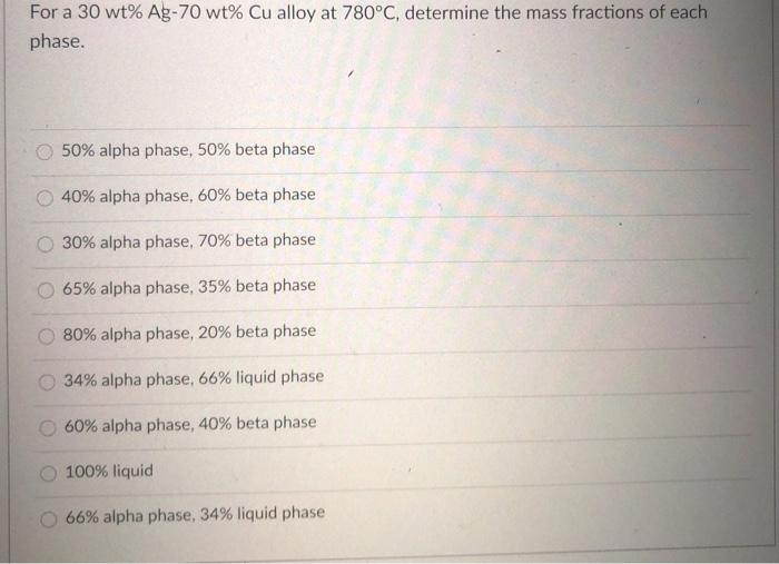 Solved For A 30 Wt Ag 70 Wt Cu Alloy At 780 C Determin Chegg Com