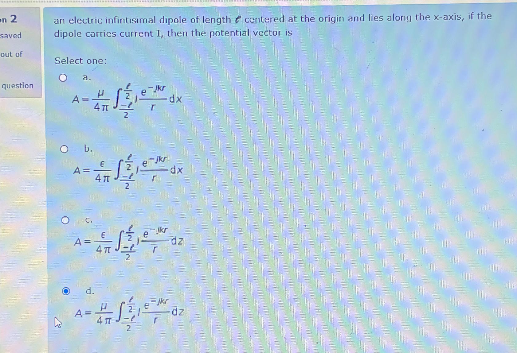 Solved an electric infintisimal dipole of length l centered | Chegg.com