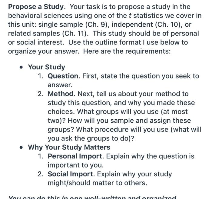 Solved Propose a Study. Your task is to propose a study in | Chegg.com