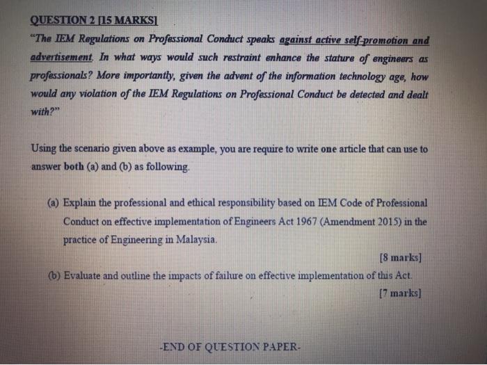 Solved Question 2 15 Marksi The Iem Regulations On Prof Chegg Com