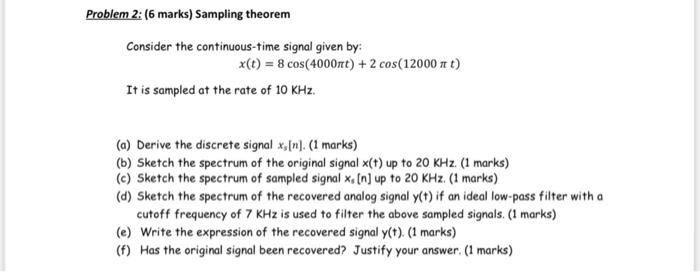 Solved Problem 2: (6 marks) Sampling theorem Consider the | Chegg.com