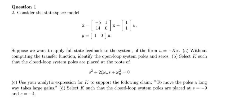 Question 1 2. Consider the state-space model | Chegg.com