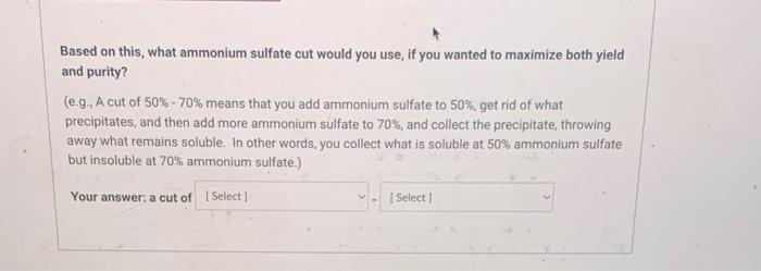 Based on this, what ammonium sulfate cut would you use, if you wanted to maximize both yield and purity?
(e.9. A cut of \( 50