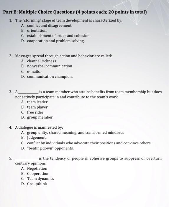 Solved Part B: Multiple Choice Questions (4 Points Each; 20 | Chegg.com