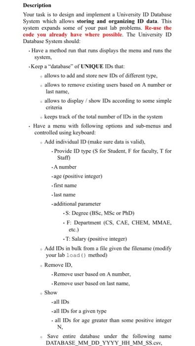 Solved Description Your task is to design and implement a | Chegg.com