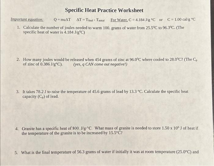 Solved Specific Heat Practice Worksheet AT = Tfinal