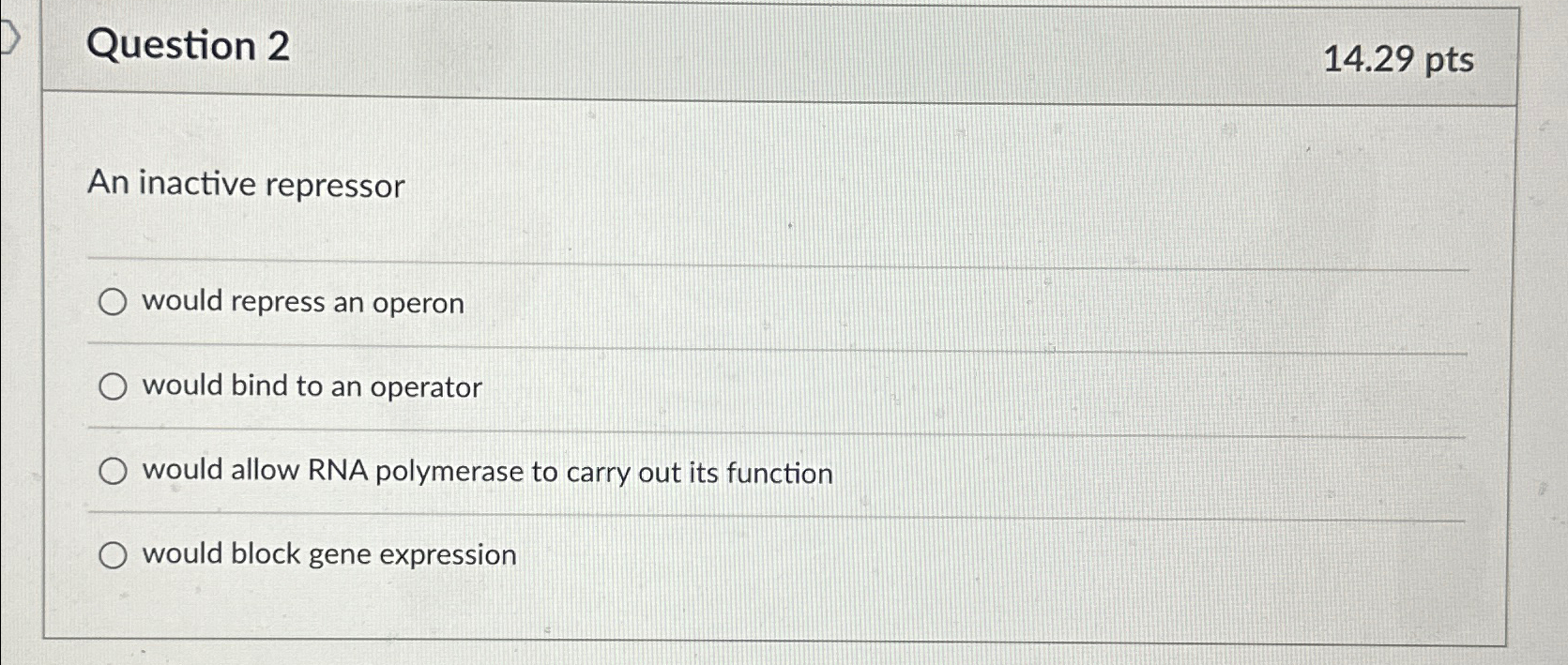Solved Question 214.29ptsAn inactive repressorwould repress | Chegg.com