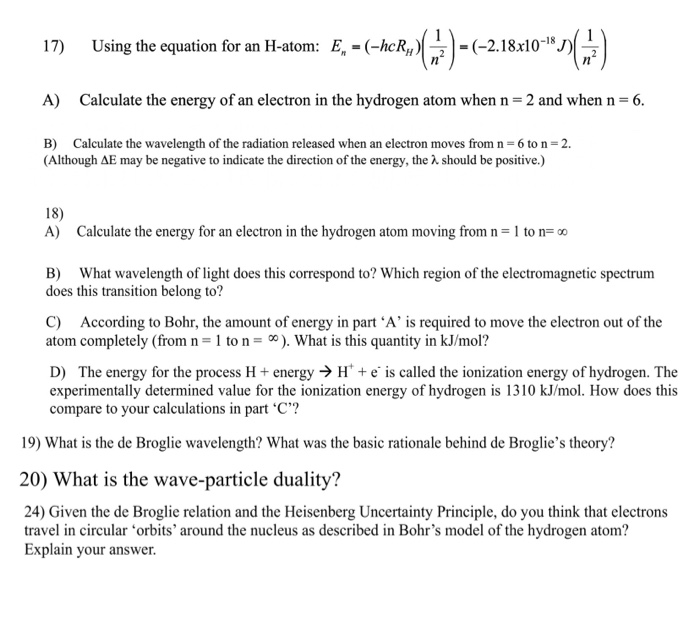 Solved 17 Using The Equation For An H Atom E Hcr N Chegg Com