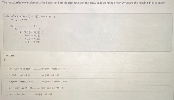 Solved The function below implements the Selection Sort | Chegg.com