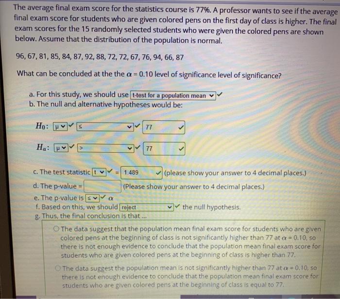 Solved The average final exam score for the statistics | Chegg.com