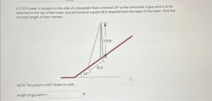 Solved A 210ft tower is located on the side of a mountain | Chegg.com