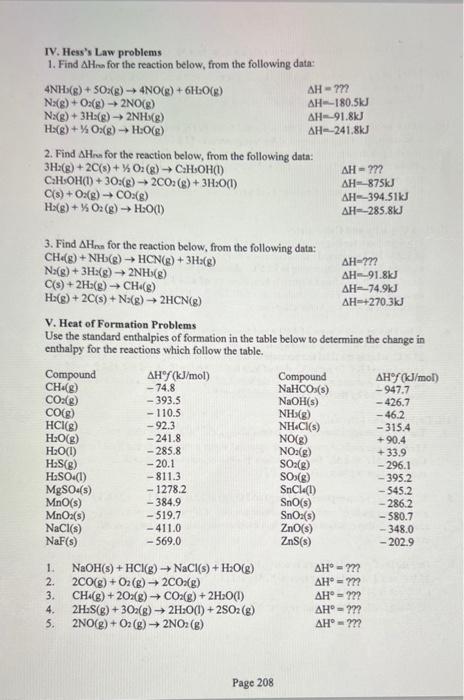 Solved IV. Hess's Law problems 1. Find Δ Hra for the | Chegg.com