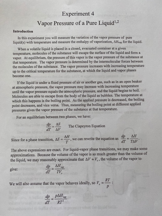 vapor pressure of a pure liquid experiment